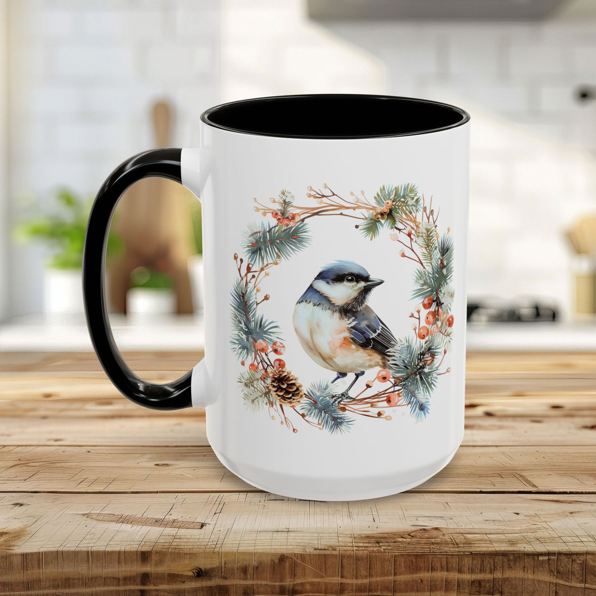 Black Capped Chickadee in Winter Wreath Mug (11/15oz)