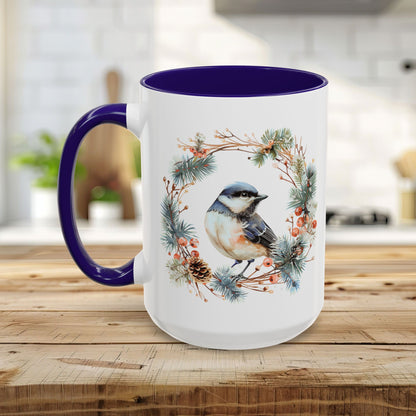 Black Capped Chickadee in Winter Wreath Mug (11/15oz)