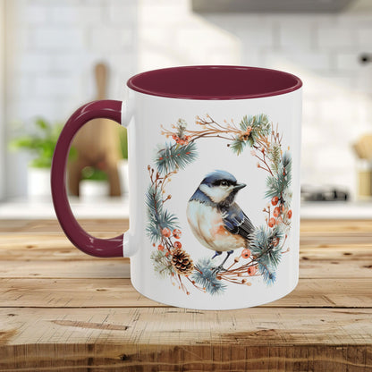 Black Capped Chickadee in Winter Wreath Mug (11/15oz)