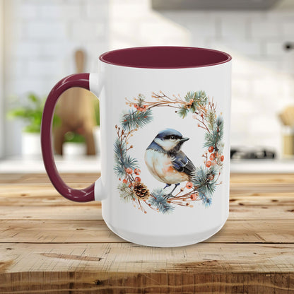 Black Capped Chickadee in Winter Wreath Mug (11/15oz)
