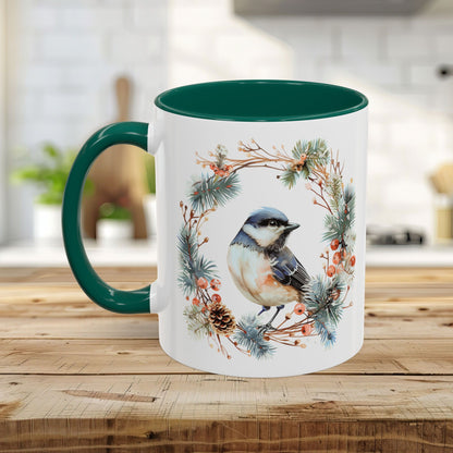 Black Capped Chickadee in Winter Wreath Mug (11/15oz)