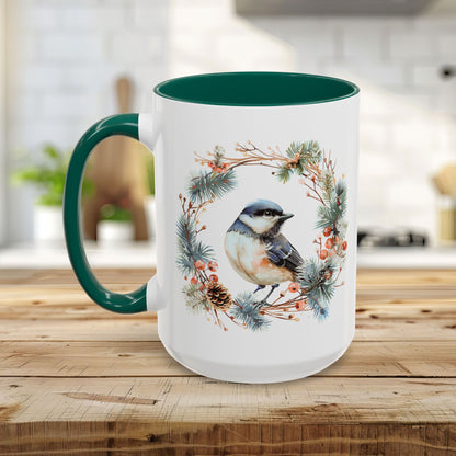 Black Capped Chickadee in Winter Wreath Mug (11/15oz)