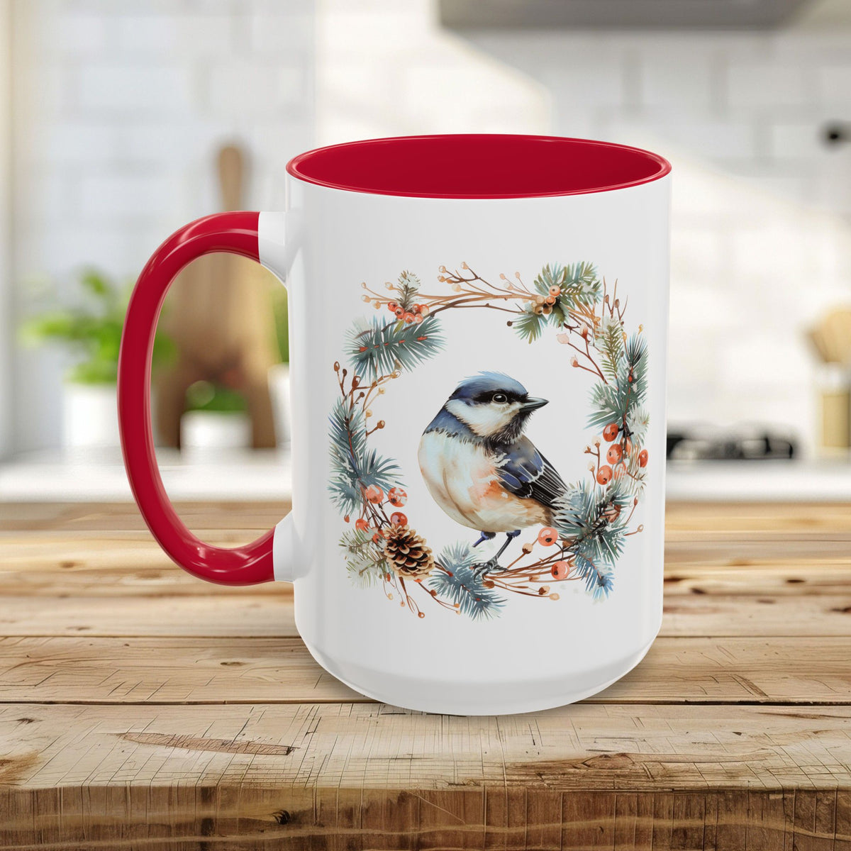 Black Capped Chickadee in Winter Wreath Mug (11/15oz)