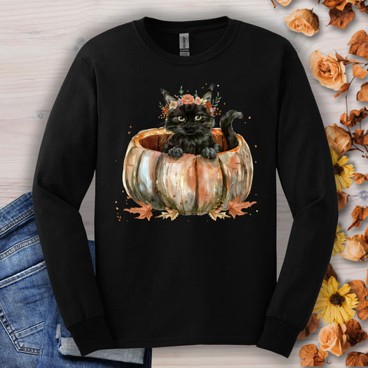 Black Cat in Pumpkin Long Sleeve Tee