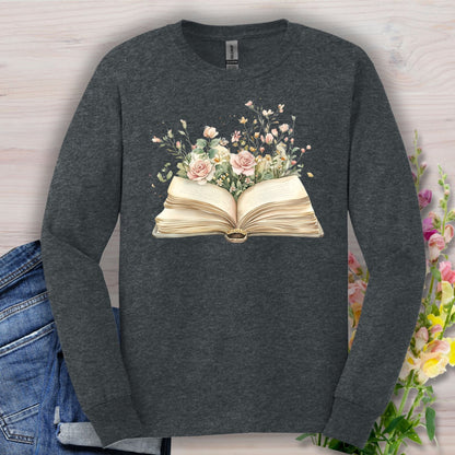 Dark heather long sleeve tee with an open vintage book design blooming with watercolor roses and wildflowers.