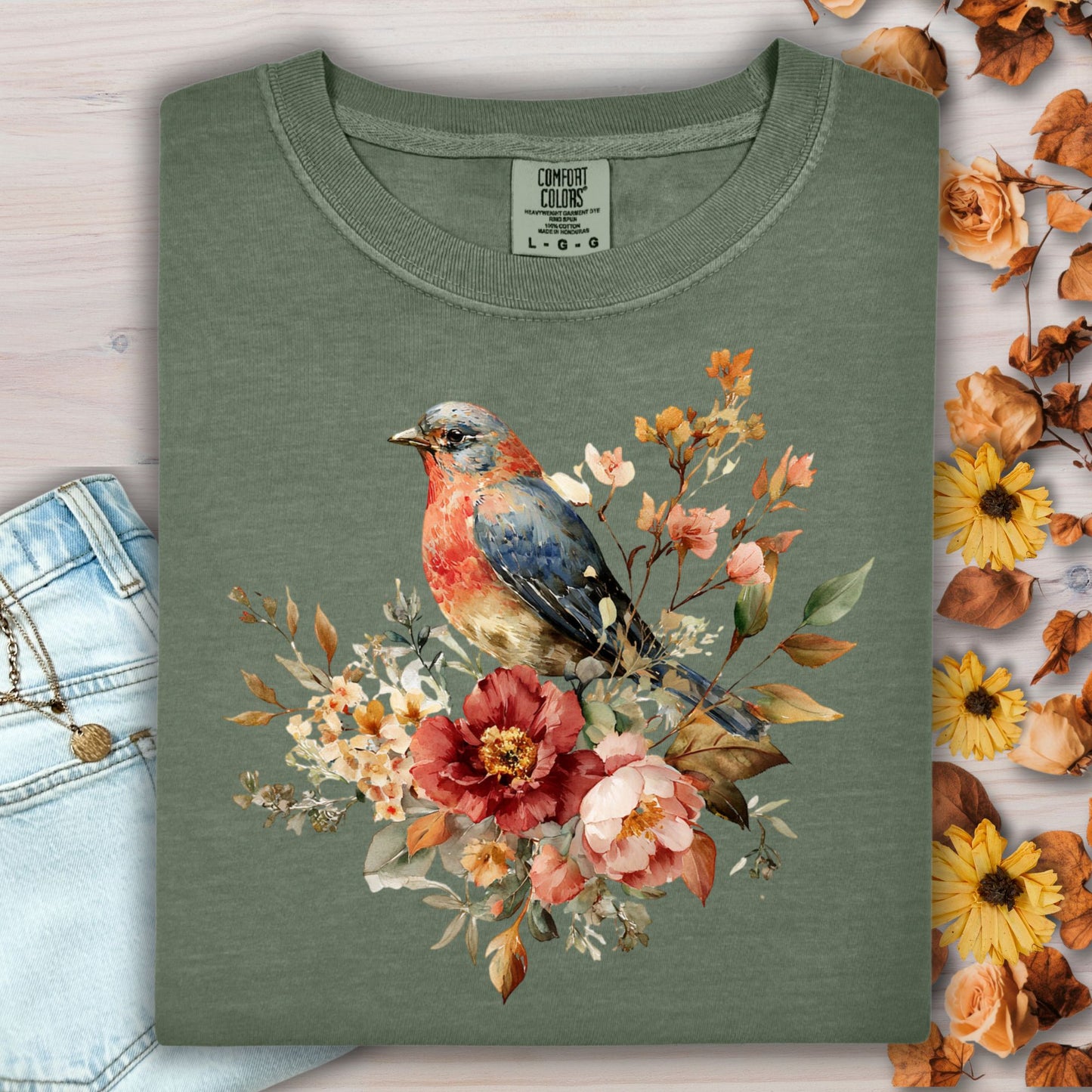 Blue Bird with Roses T-Shirt