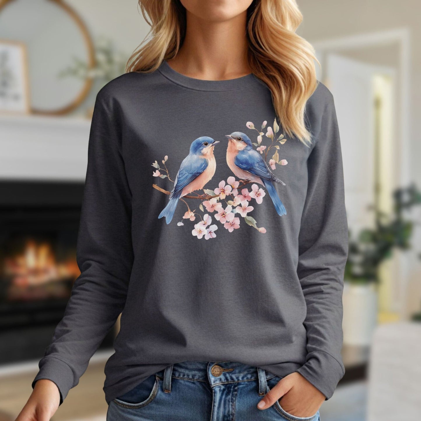 Blue Birds on Cherry Blossoms Long Sleeve Tee