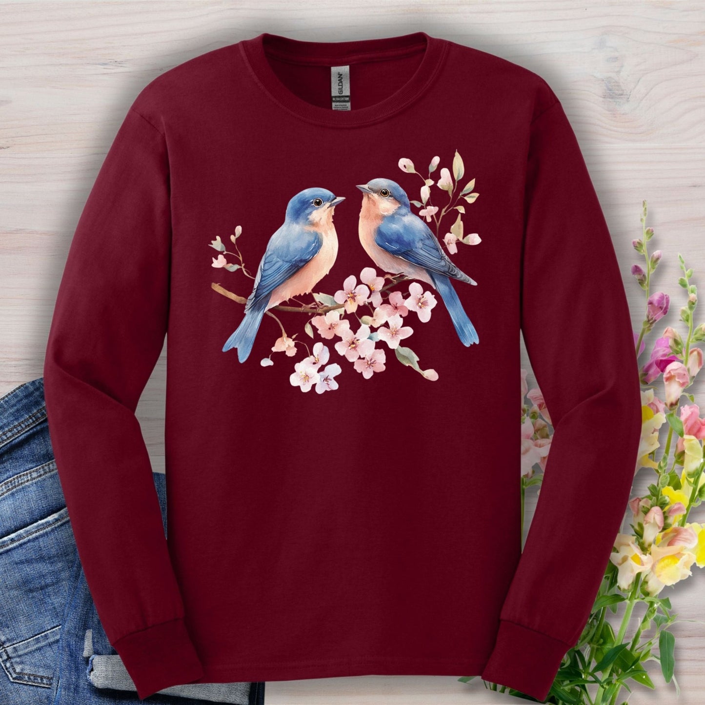Blue Birds on Cherry Blossoms Long Sleeve Tee