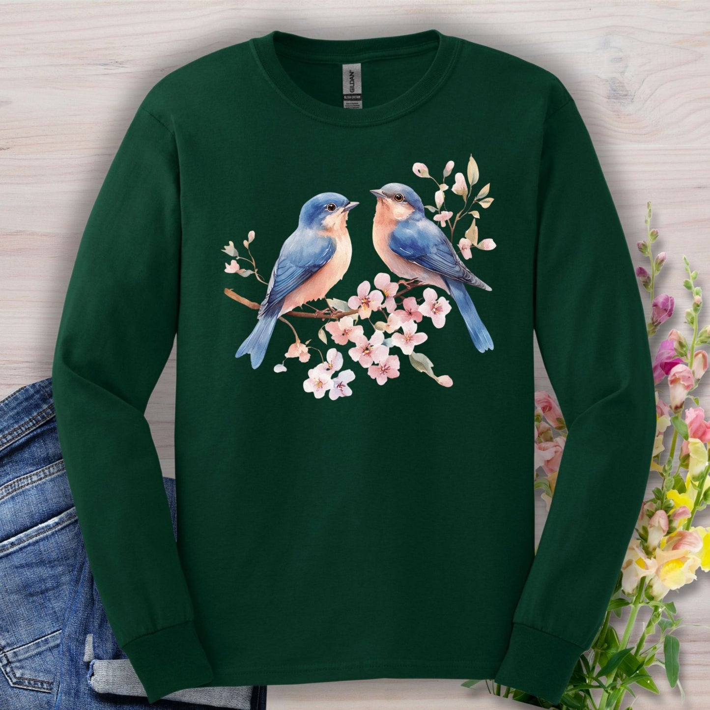 Blue Birds on Cherry Blossoms Long Sleeve Tee