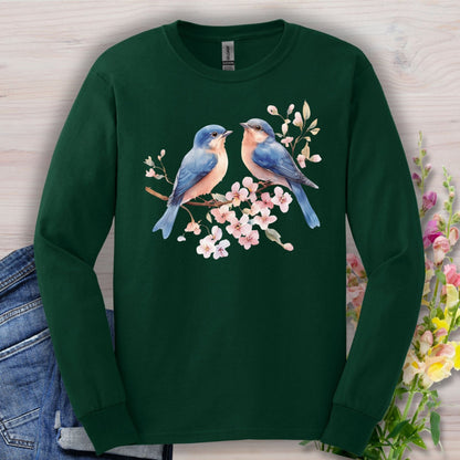 Blue Birds on Cherry Blossoms Long Sleeve Tee
