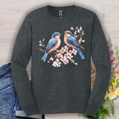 Blue Birds on Cherry Blossoms Long Sleeve Tee