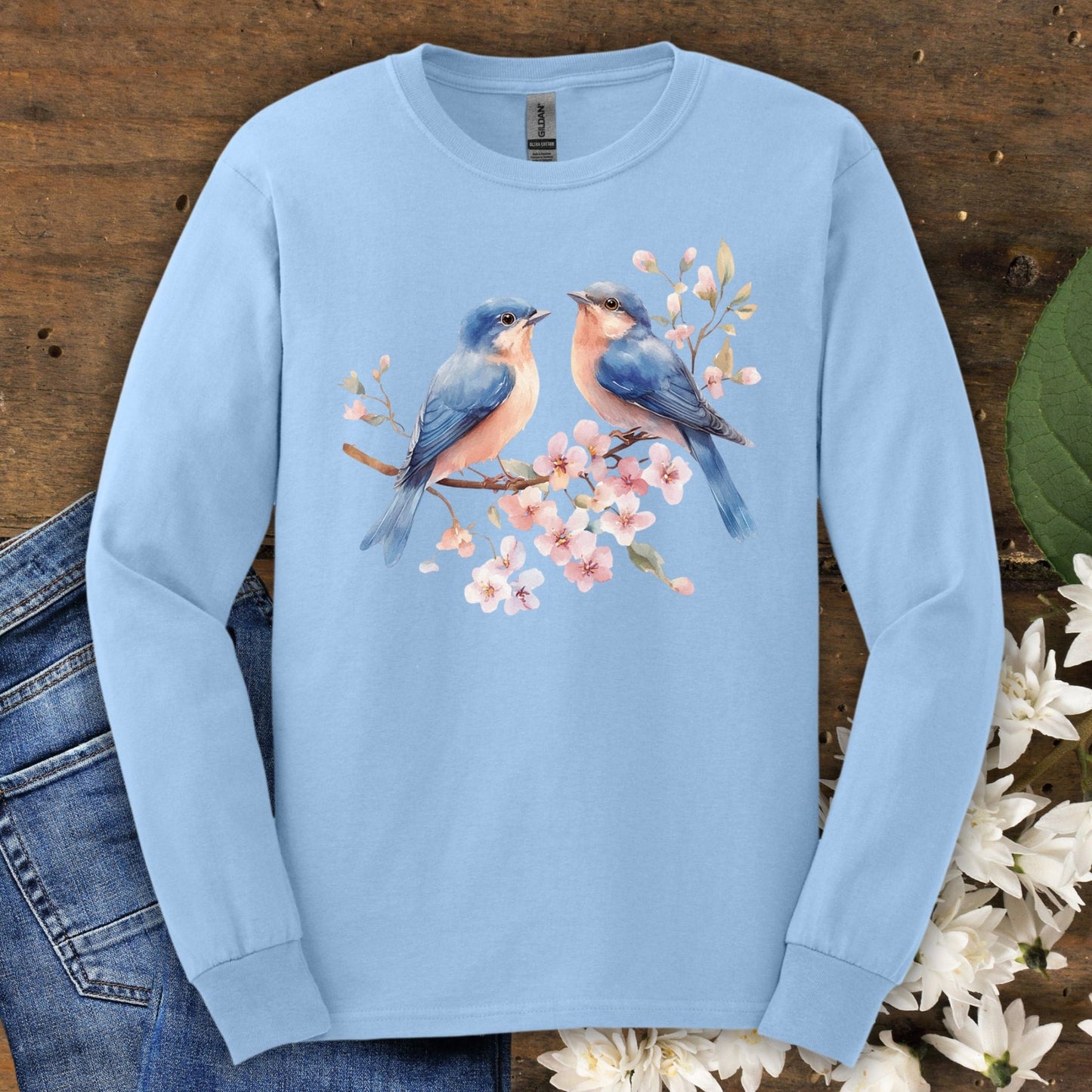 Blue Birds on Cherry Blossoms Long Sleeve Tee