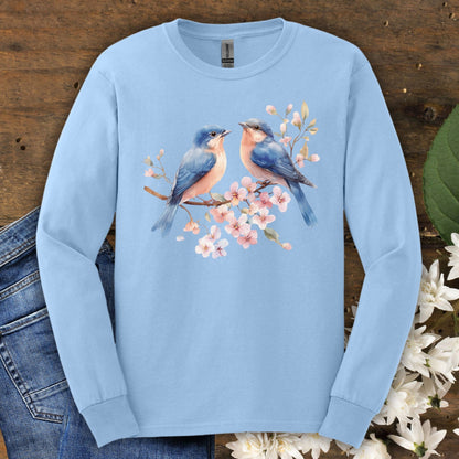 Blue Birds on Cherry Blossoms Long Sleeve Tee