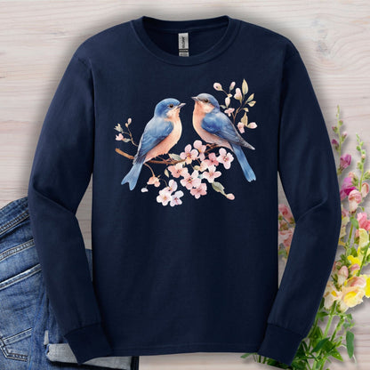 Blue Birds on Cherry Blossoms Long Sleeve Tee