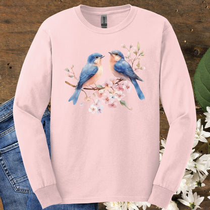 Blue Birds on Cherry Blossoms Long Sleeve Tee