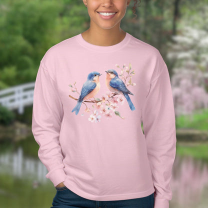 Blue Birds on Cherry Blossoms Long Sleeve Tee