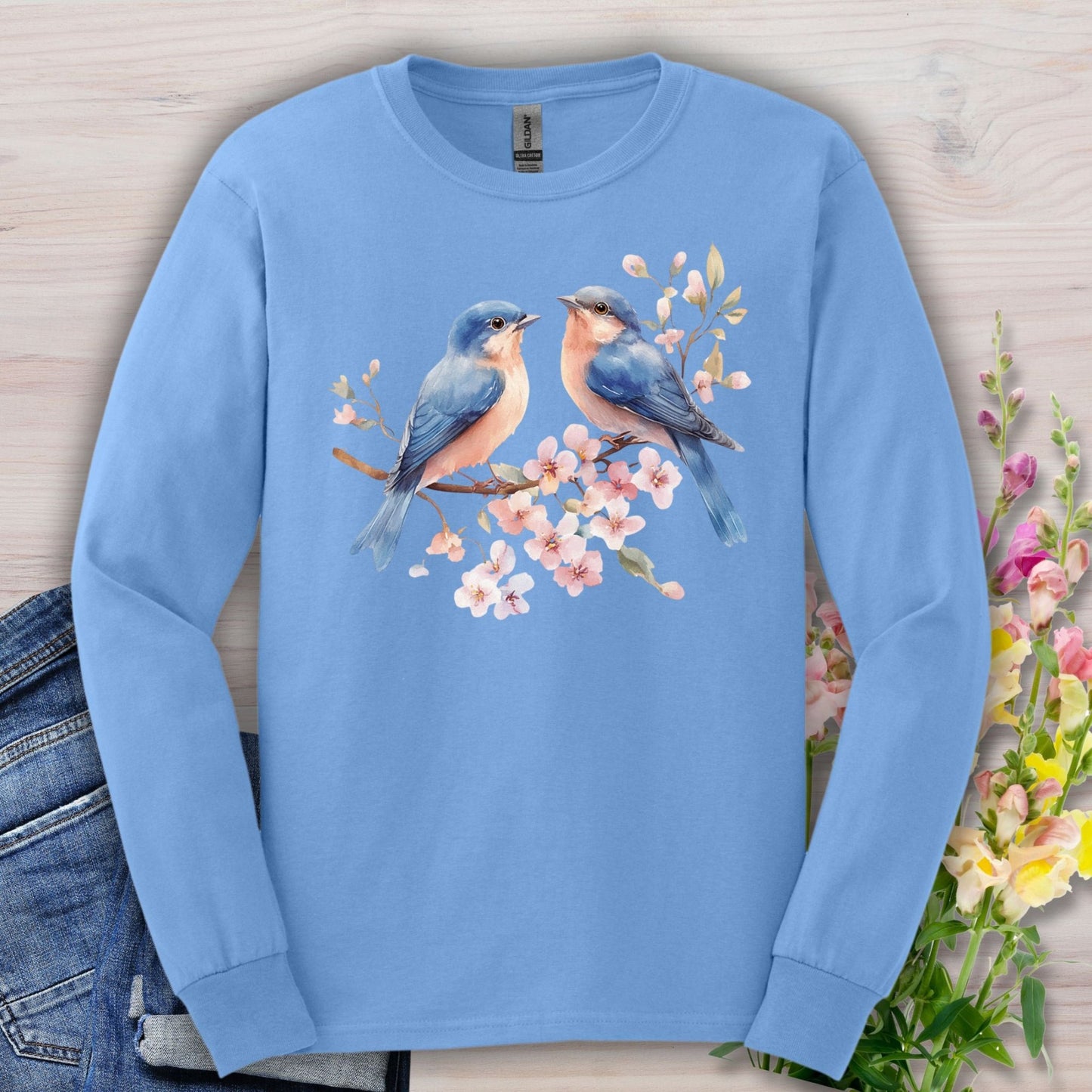 Blue Birds on Cherry Blossoms Long Sleeve Tee