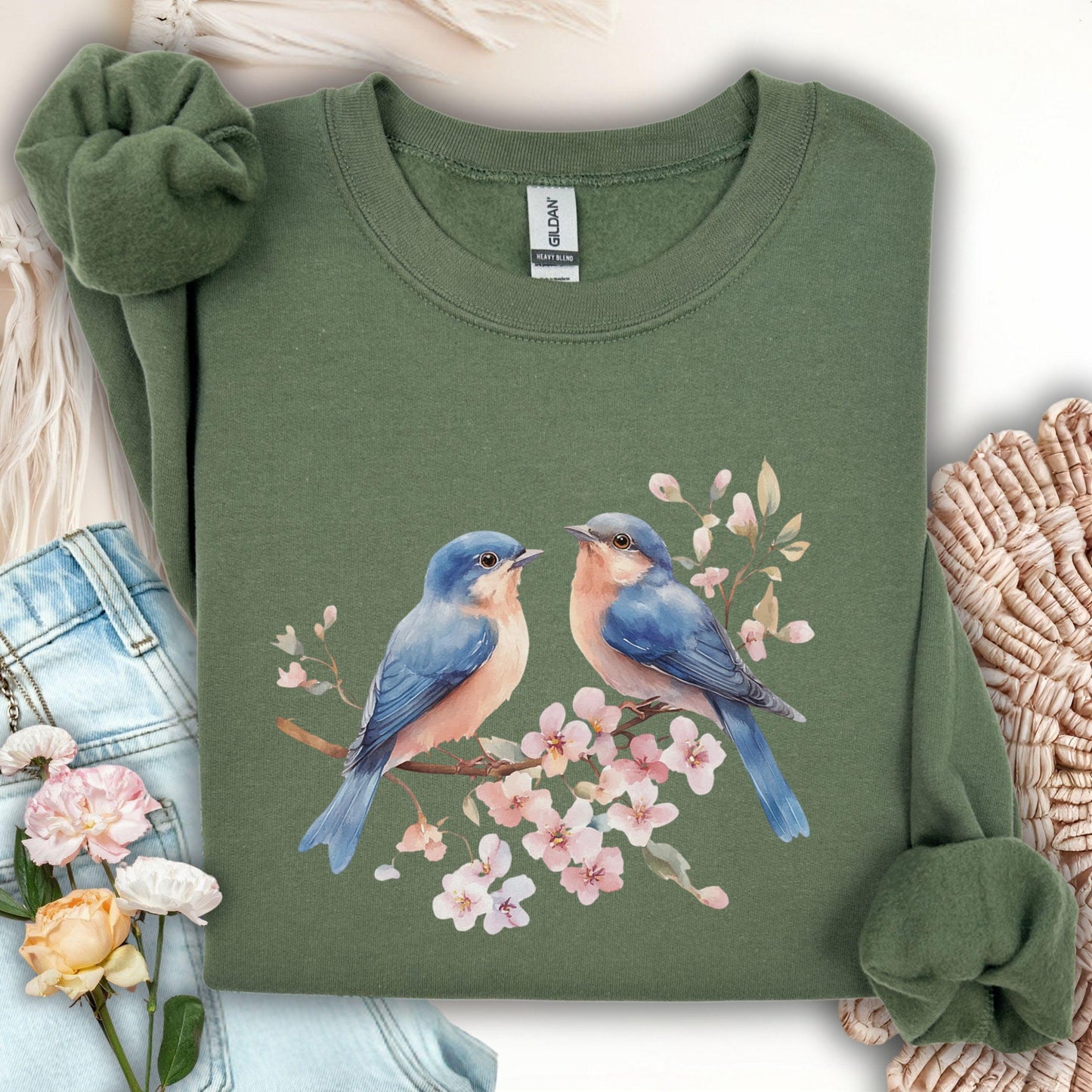 Blue Birds on Cherry Blossoms Sweatshirt