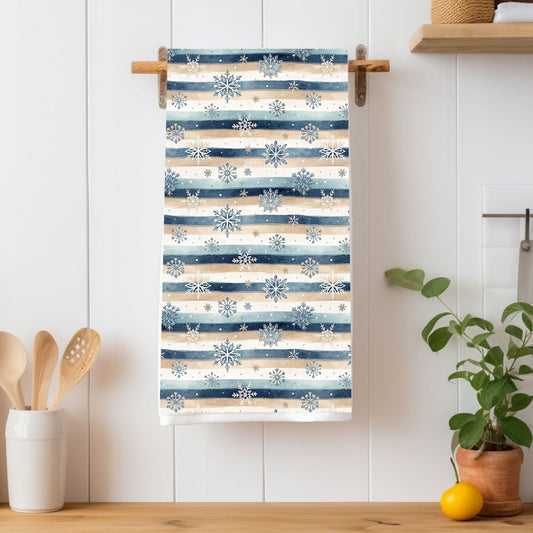 Blue Boho Snowflake Stripe Microfiber Tea Towel, 16x25, with muted navy, cream, and beige stripes.