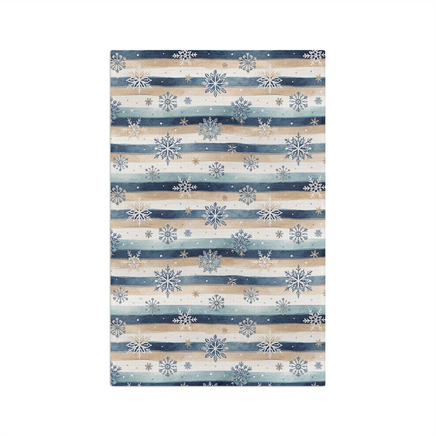 Blue Boho Snowflake Stripe Microfiber Tea Towel with muted navy, cream, and beige stripes and scattered snowflakes.