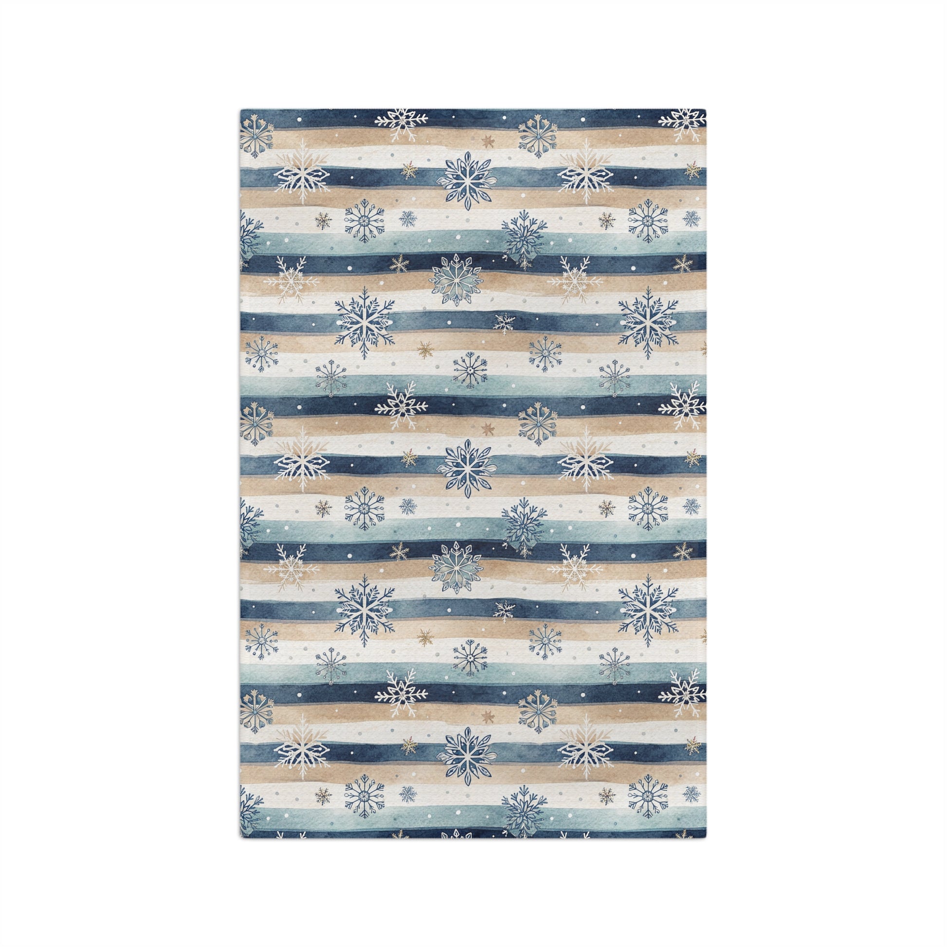 Blue Boho Snowflake Stripe Microfiber Tea Towel with muted navy, cream, and beige stripes and scattered snowflakes.