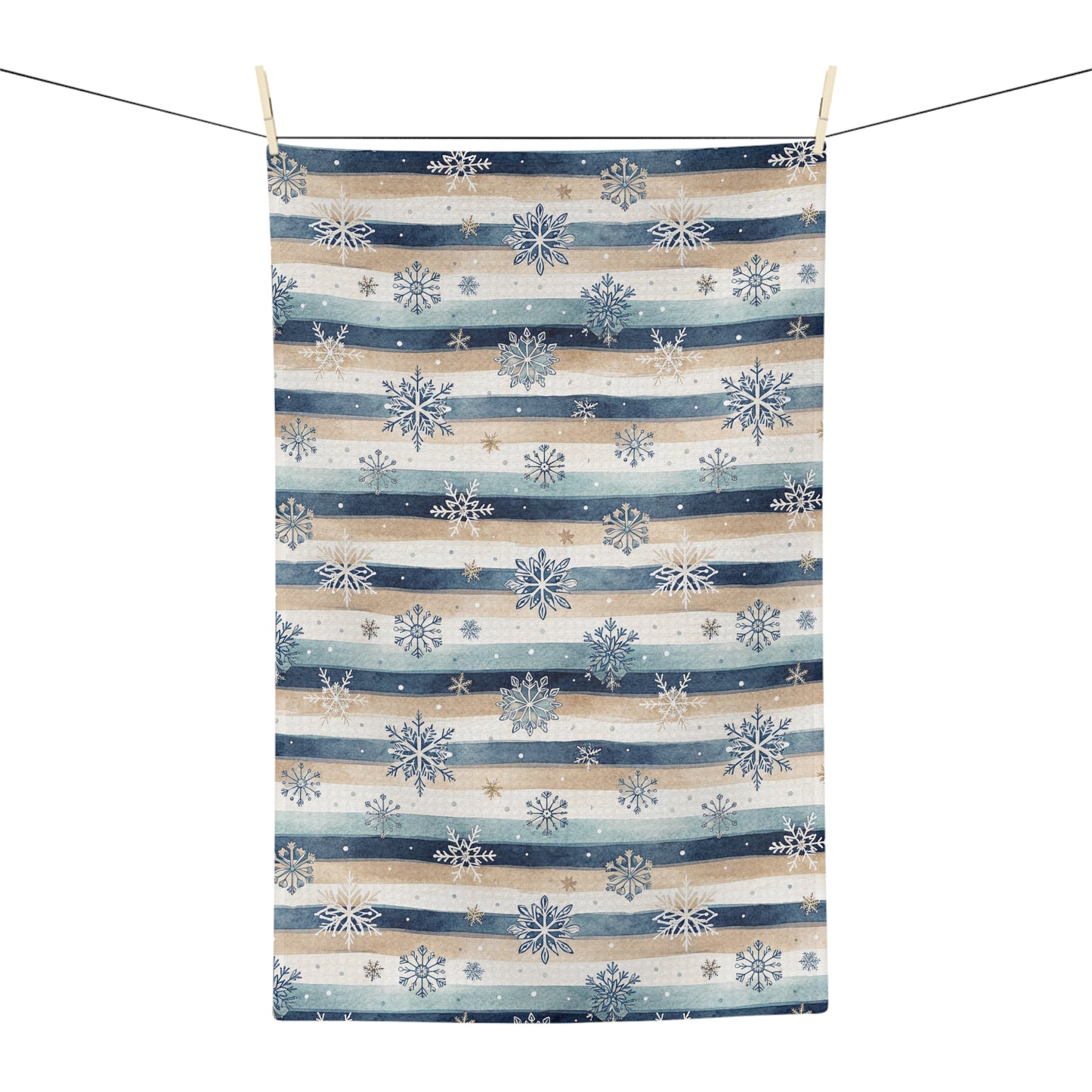 Blue boho snowflake stripe microfiber tea towel with muted navy, cream, and warm beige stripes.