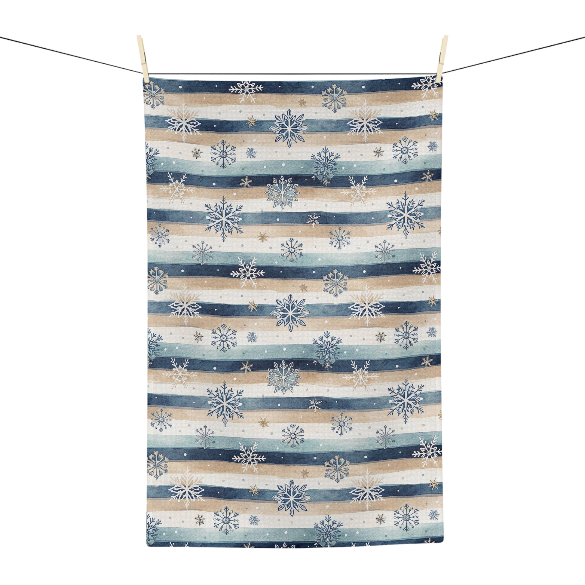 Blue boho snowflake stripe microfiber tea towel with muted navy, cream, and warm beige stripes.