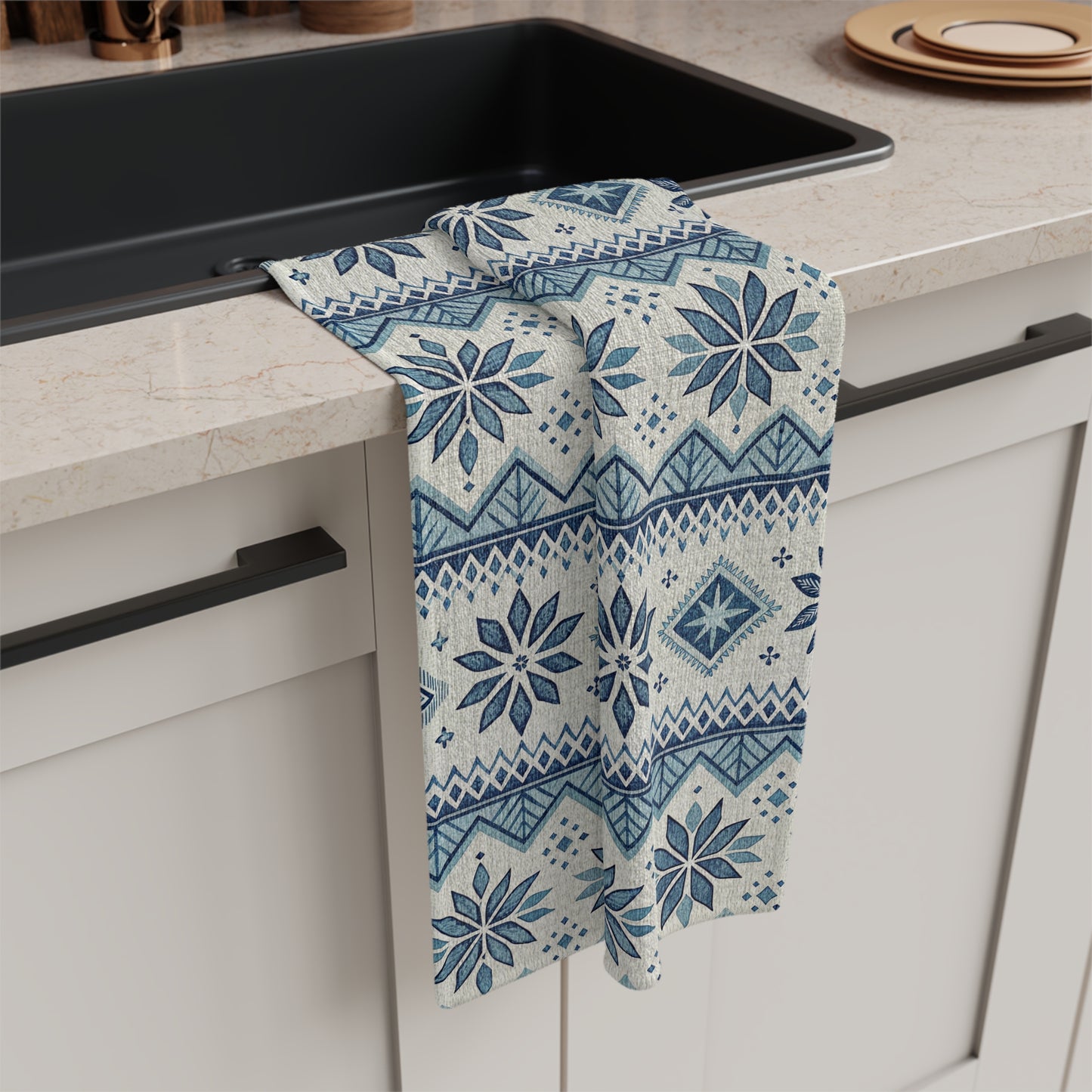 Blue Fair Isle Winter Microfiber Tea Towel