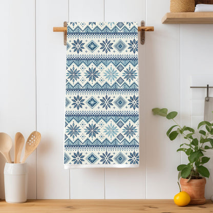 Blue Fair Isle Winter Microfiber Tea Towel