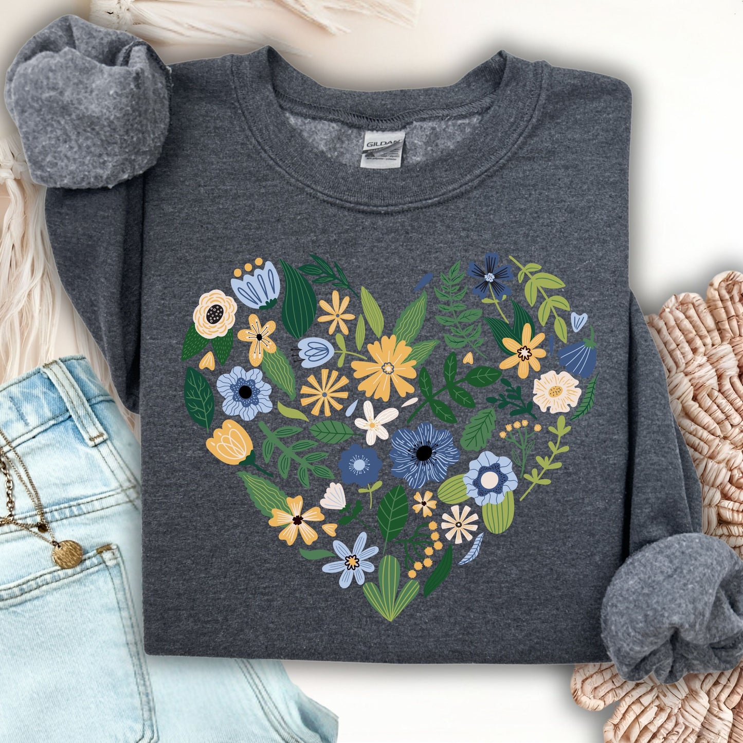 Blue Floral Heart Sweatshirt
