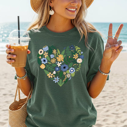 Blue Floral Heart T-Shirt