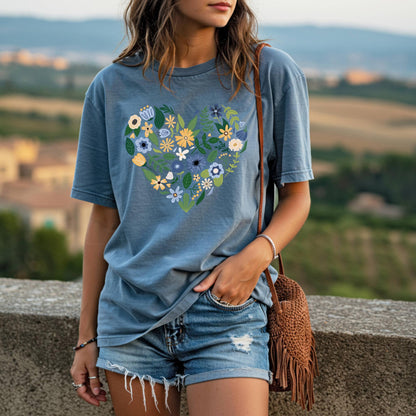 Blue Floral Heart T-Shirt