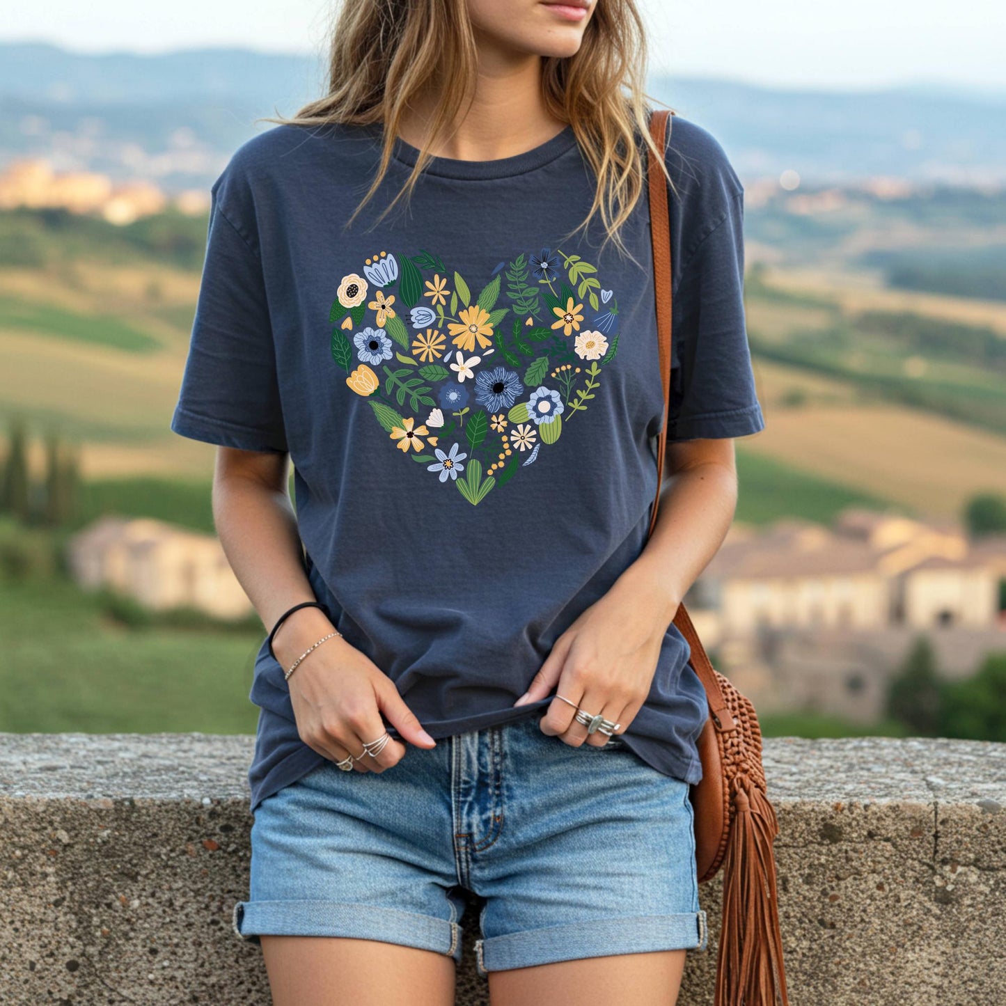 Blue Floral Heart T-Shirt