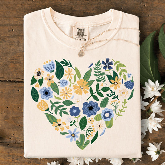 Wild Petal Threads T-Shirt S / ivory Blue Floral Heart T-Shirt