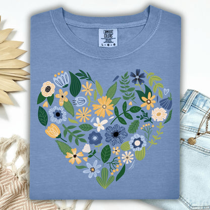 Wild Petal Threads T-Shirt S / blue jean Blue Floral Heart T-Shirt