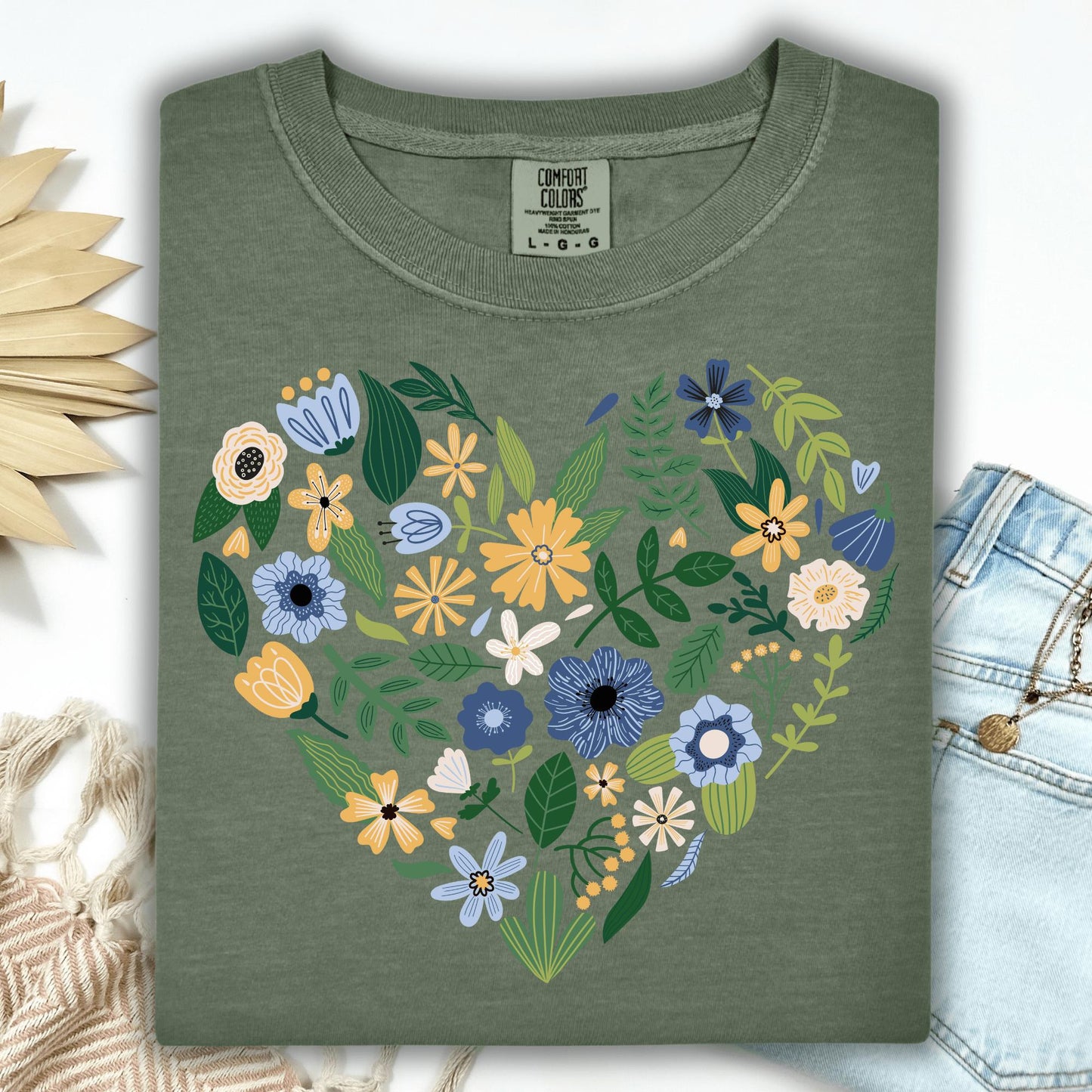 Wild Petal Threads T-Shirt S / moss Blue Floral Heart T-Shirt