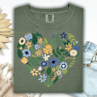 Wild Petal Threads T-Shirt S / moss Blue Floral Heart T-Shirt