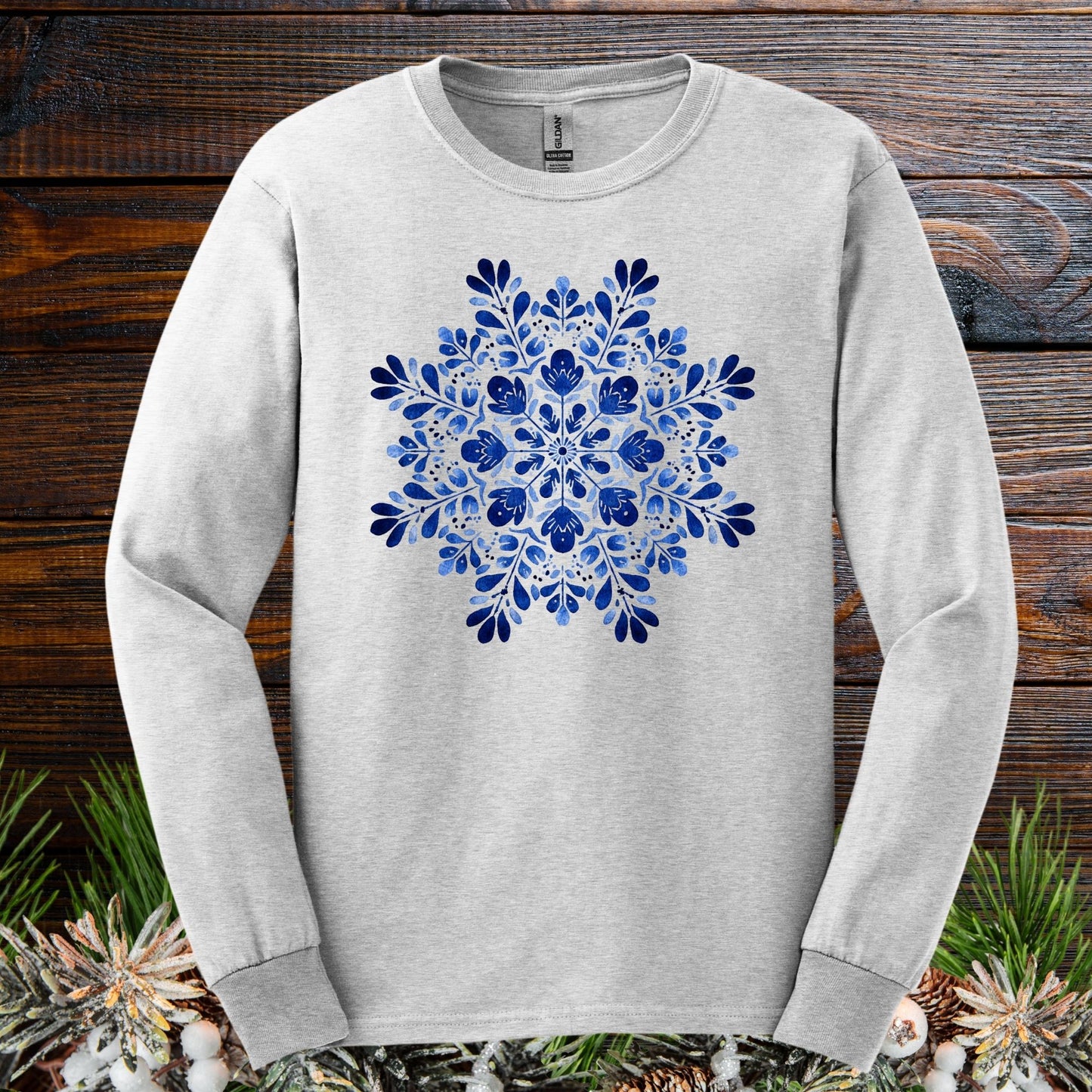Blue Folk Art Snowflake Long Sleeve Tee