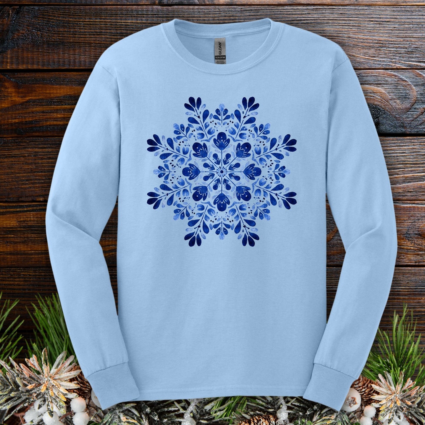 Blue Folk Art Snowflake Long Sleeve Tee