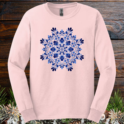 Blue Folk Art Snowflake Long Sleeve Tee
