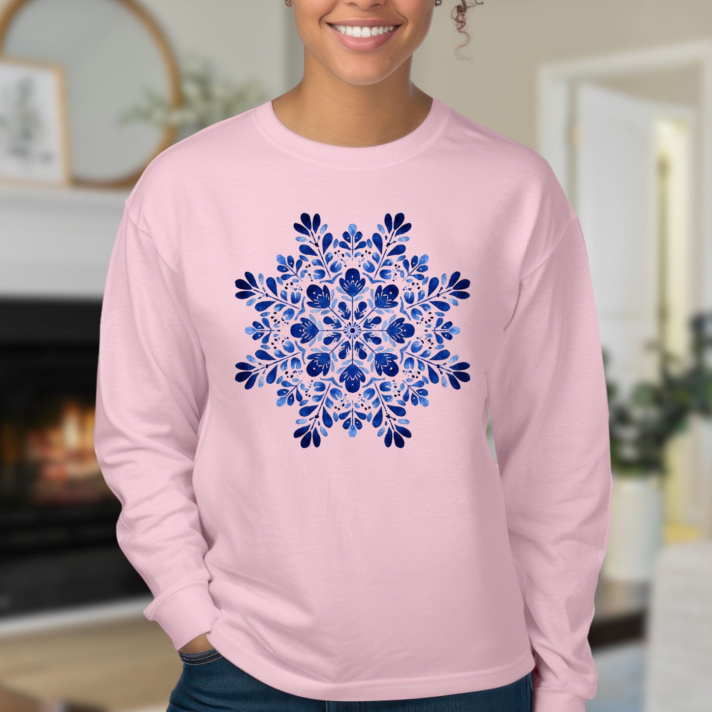 Blue Folk Art Snowflake Long Sleeve Tee