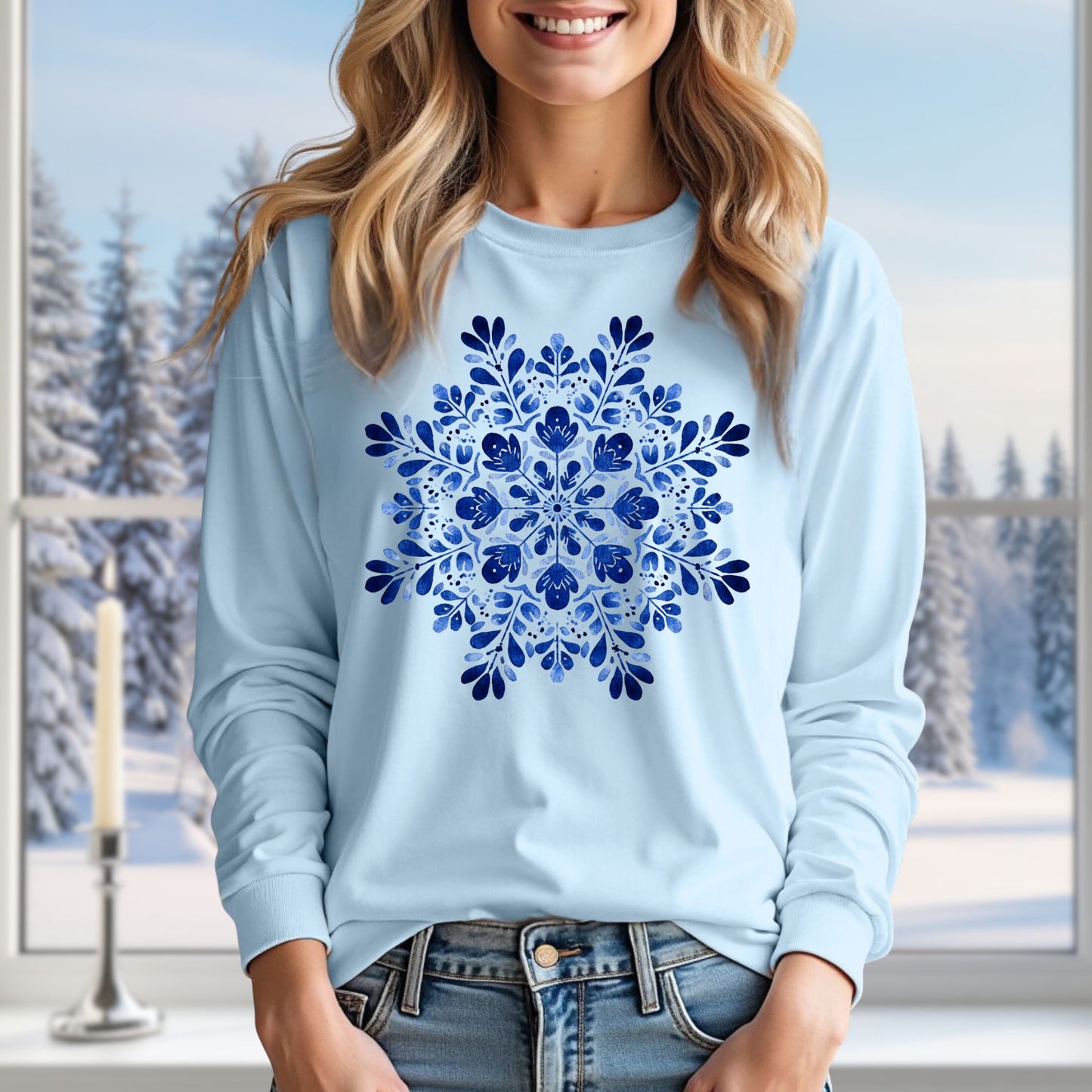Blue Folk Art Snowflake Long Sleeve Tee
