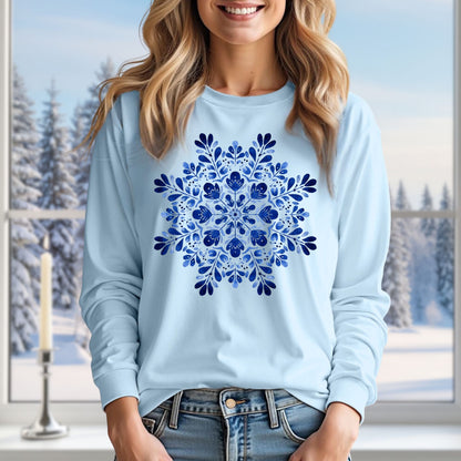 Blue Folk Art Snowflake Long Sleeve Tee