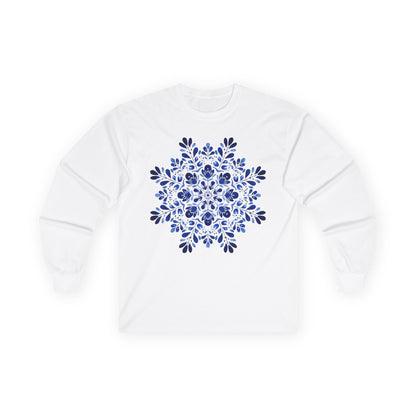 Blue Folk Art Snowflake Long Sleeve Tee