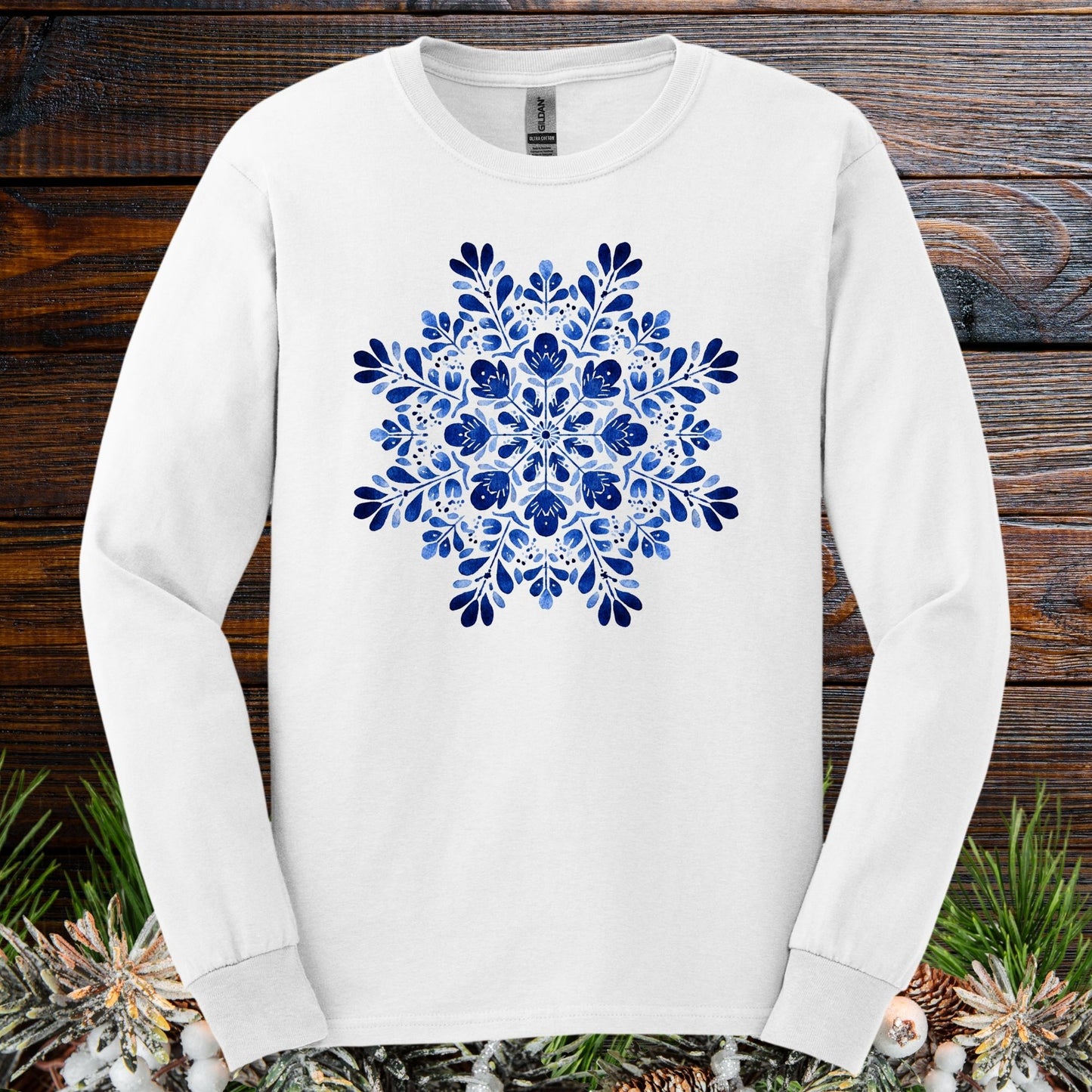 Blue Folk Art Snowflake Long Sleeve Tee