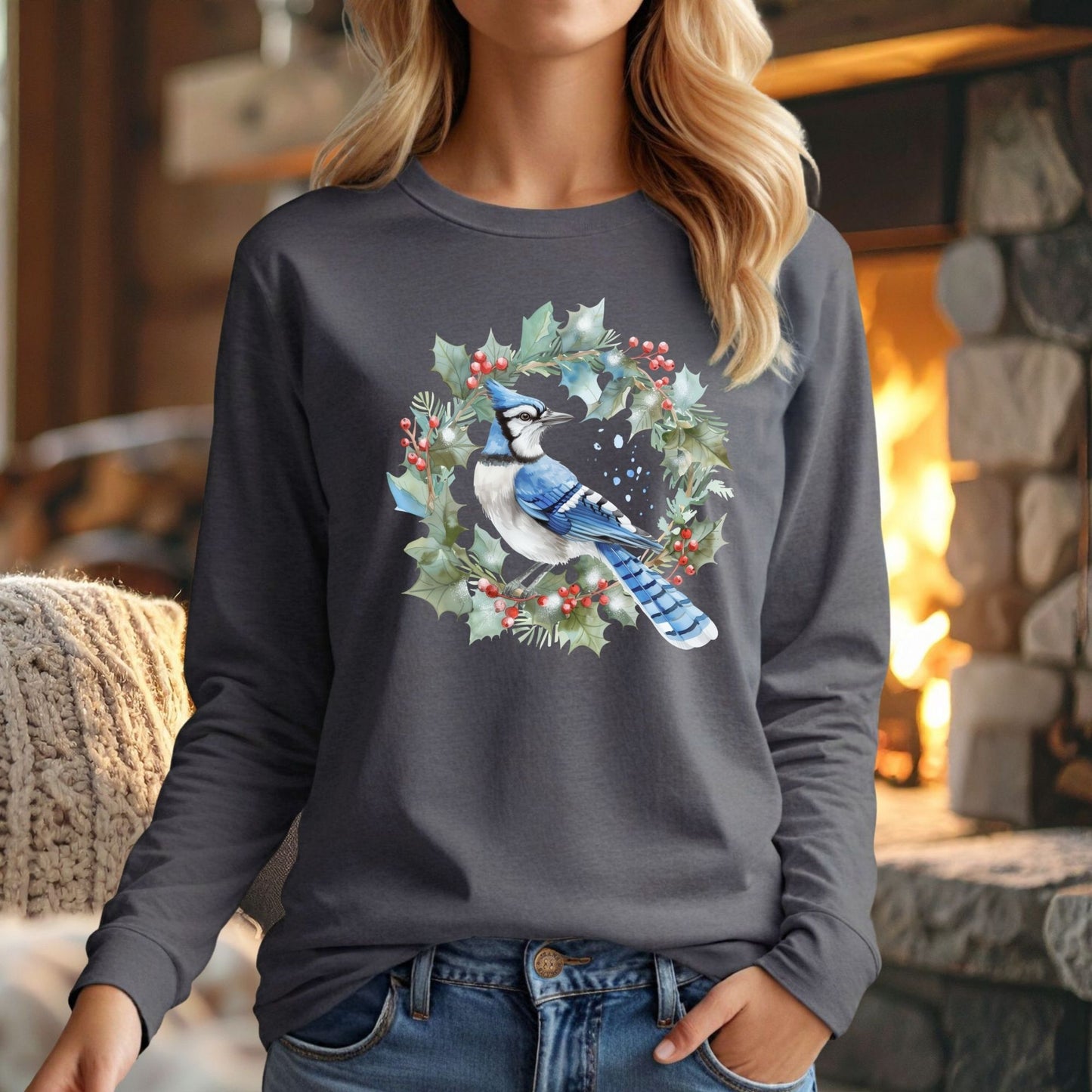 Charcoal long sleeve tee with a watercolor blue jay in a holly wreath design.