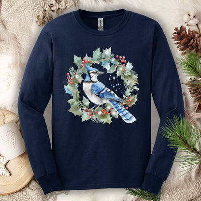 Navy long sleeve tee with a watercolor blue jay in a holly wreath design, size S.