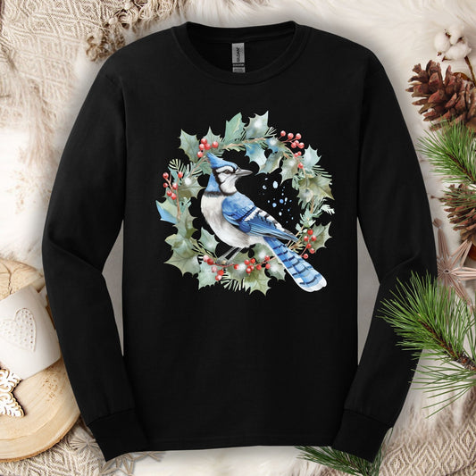 Blue Jay in Holly Wreath Long Sleeve Tee