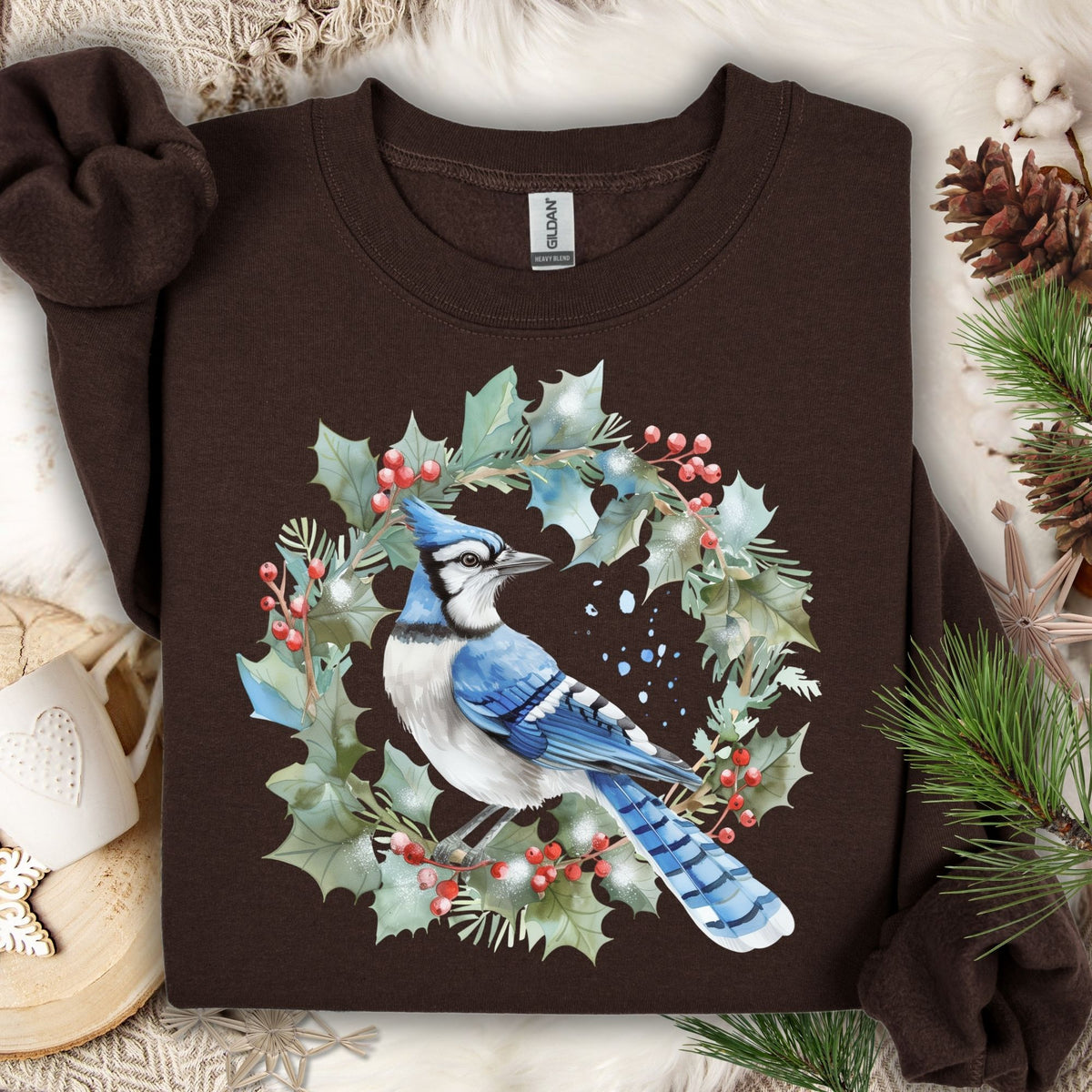 Blue Jay in Holly Wreath Sweatshirt