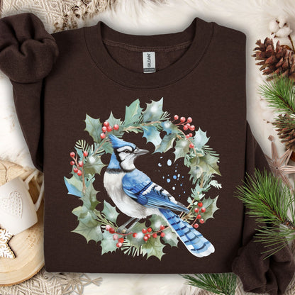 Blue Jay in Holly Wreath Sweatshirt
